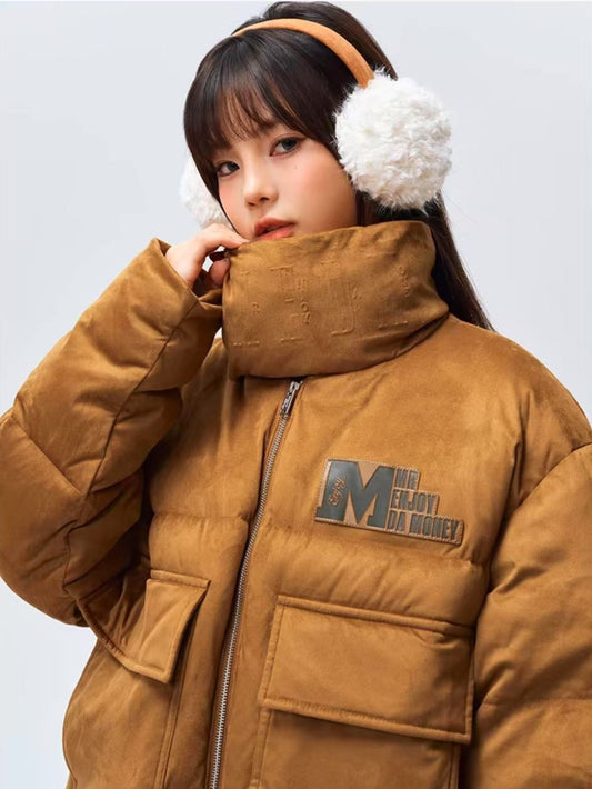 MEDM Logo Embossed Leather Label Scarf Down Jacket