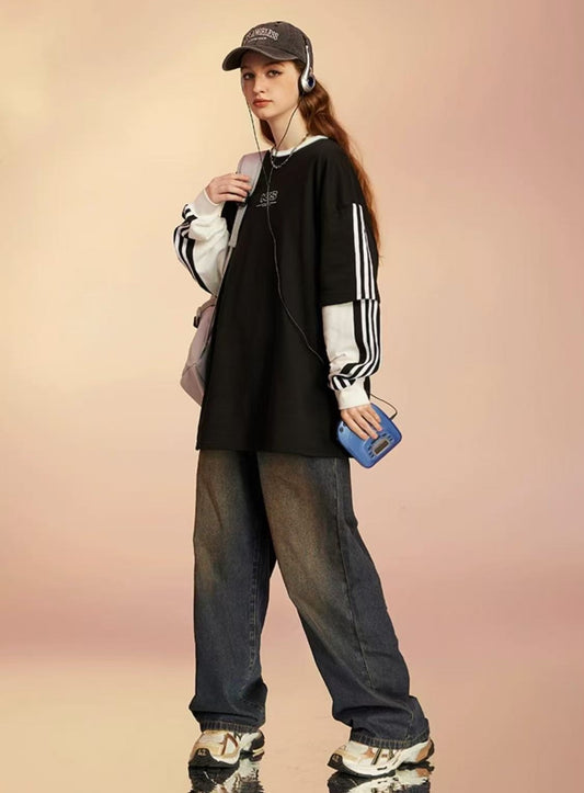 ICONSLAB Striped Webbing Fake Two-piece loose Pullover Crew Neck Sweatshirt