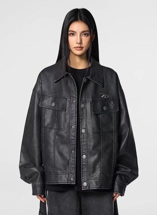 ACHOCK Vintage Washed Lapel Leather Jacket