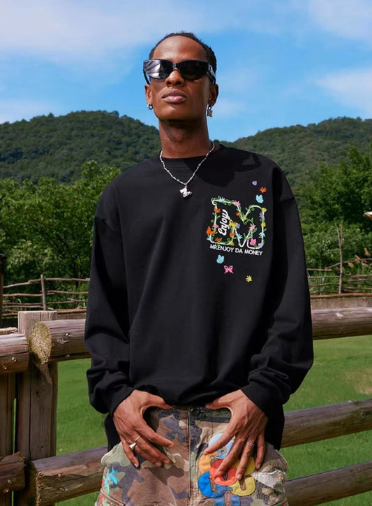 MEDM Scattered Flower Embroidery Long-sleeved T-shirt