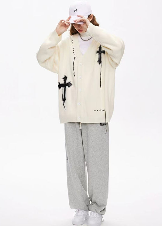 ICONSLAB V-neck Knitted Cardigan Cross Jacquard Sweater