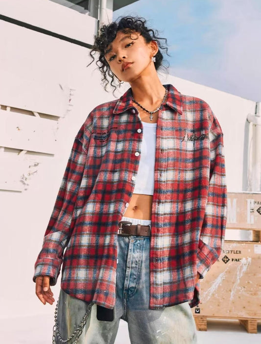MEDM Washed Distressed Rose and Sword Plaid Long-sleeve Shirt