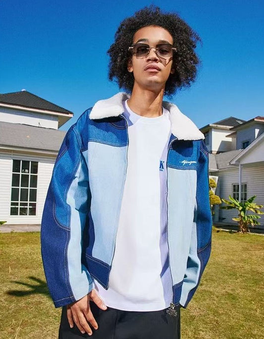 AFGK Spliced Fur Collar Denim Letter Embroidery Jacket