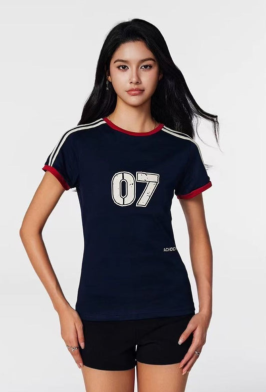 ACHOCK Retro Contrast Stripe Stitching Slimming Short-sleeved T-shirt (For Women)