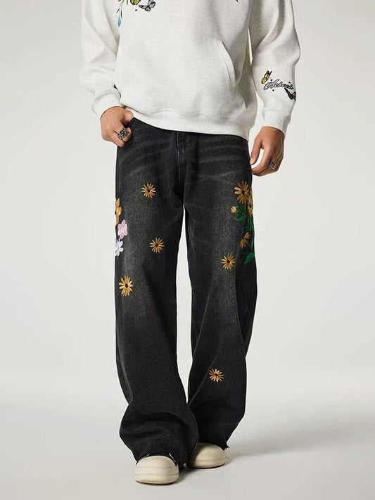 ACHOCK Washed Sun-Flower Embroidered Jeans
