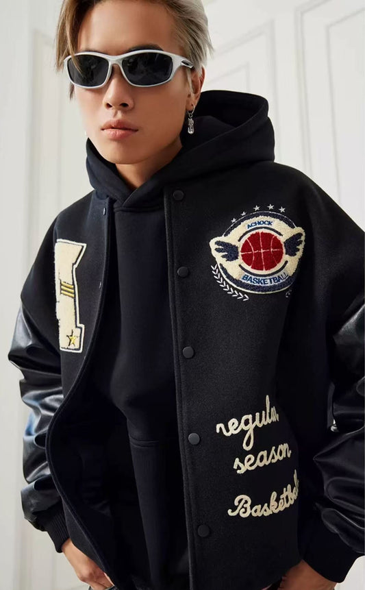 ACHOCK Hip-hop Heavy Letters Embroidery Varsity Jacket