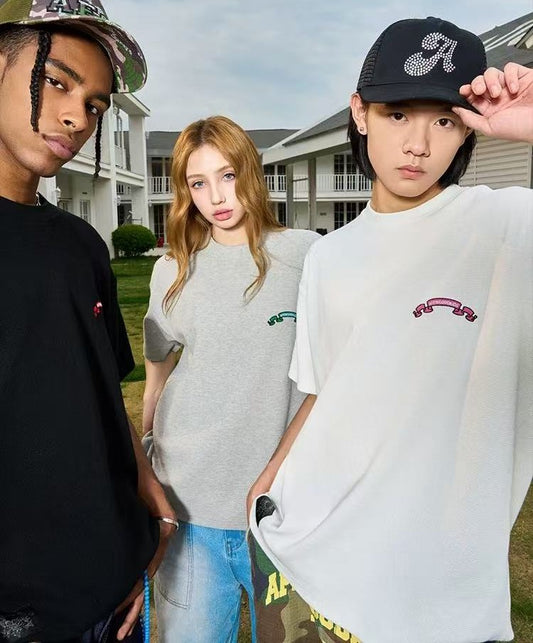 AFGK Waffle Ribbon Embroidered Short-sleeves T-shirt