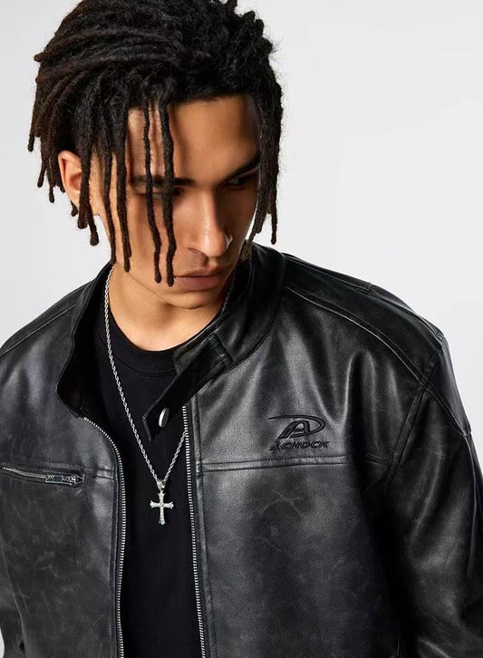 ACHOCK Stand Collar Slim Fit Leather Jacket