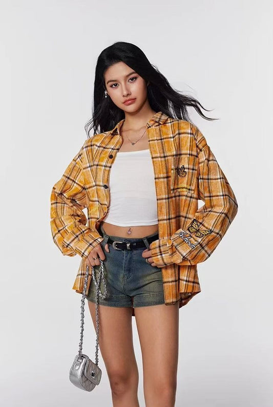 ACHOCK Washed Butterfly Embroidered Long-sleeved Shirt