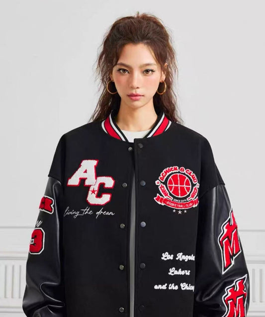 ACHOCK Retro Stitching Flocked Embroidery Varsity Jacket