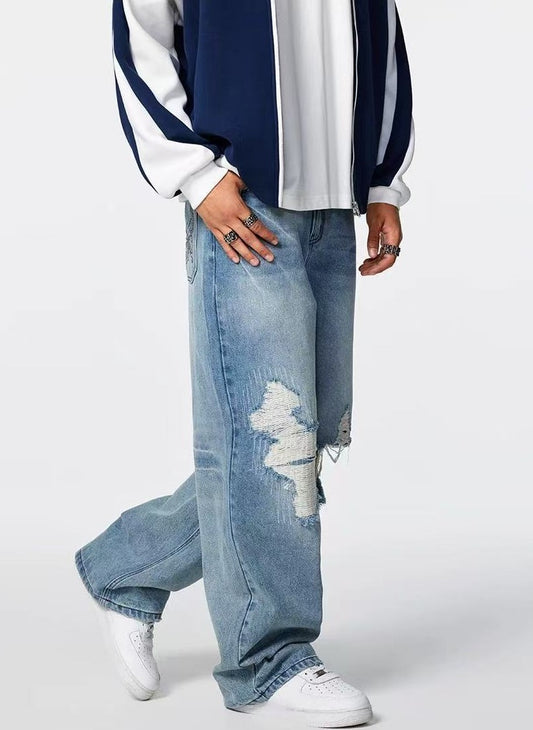 ACHOCK Butterfly Stitching Retro Ripped Jeans