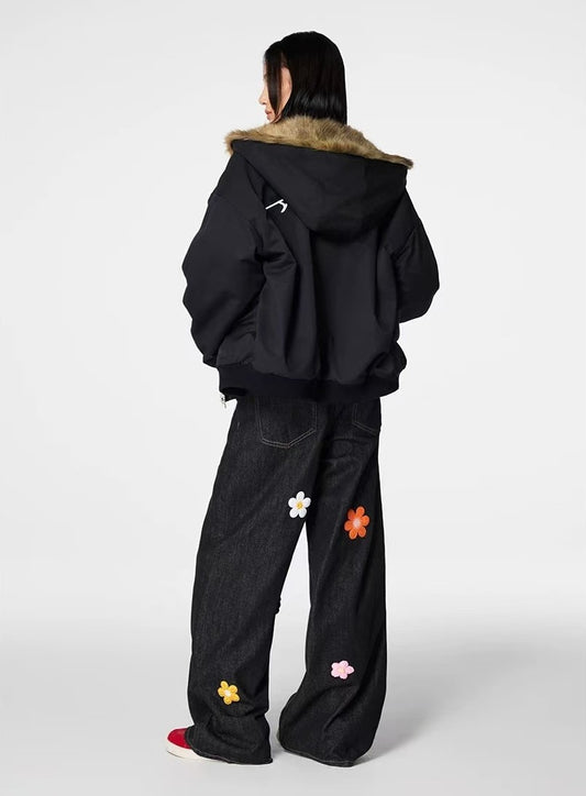 ACHOCK Small Flower Embroidered Washed Jeans (For Women)