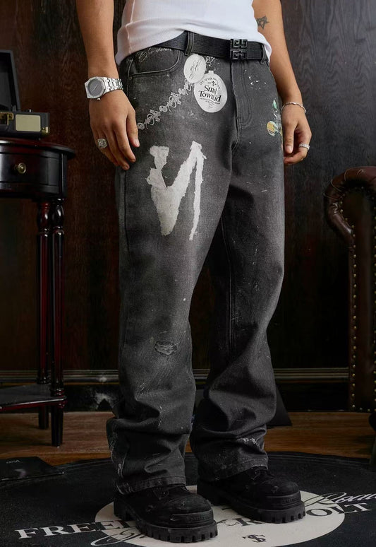 STK Vintage Distressed Wash 3D Badge Print Jeans