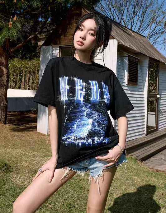 MEDM Heat-set Oil Printed Blue Tears Short-sleeved T-shirt