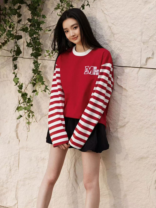 MEDM Contrast Collar Striped Long-sleeve T-Shirt