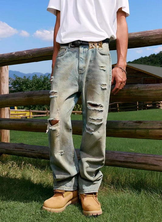 MEDM Large Letter Patch Leather Washed Ripped Jeans