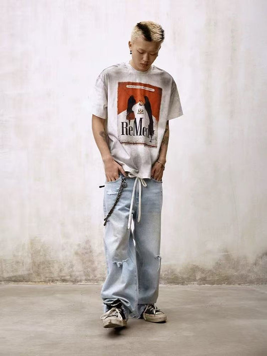 REMEDY Distressed Marlboro Design Short-sleeve T-Shirt