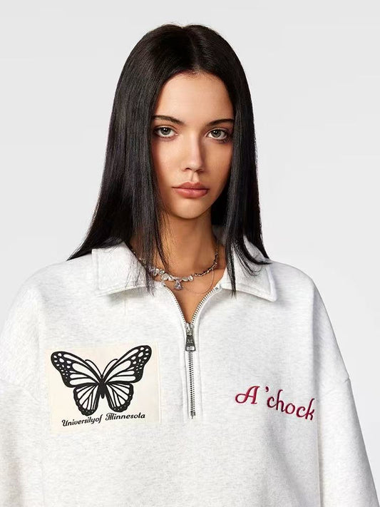 ACHOCK Heavy Butterfly Patch Embroidered Zipper Sweatshirt
