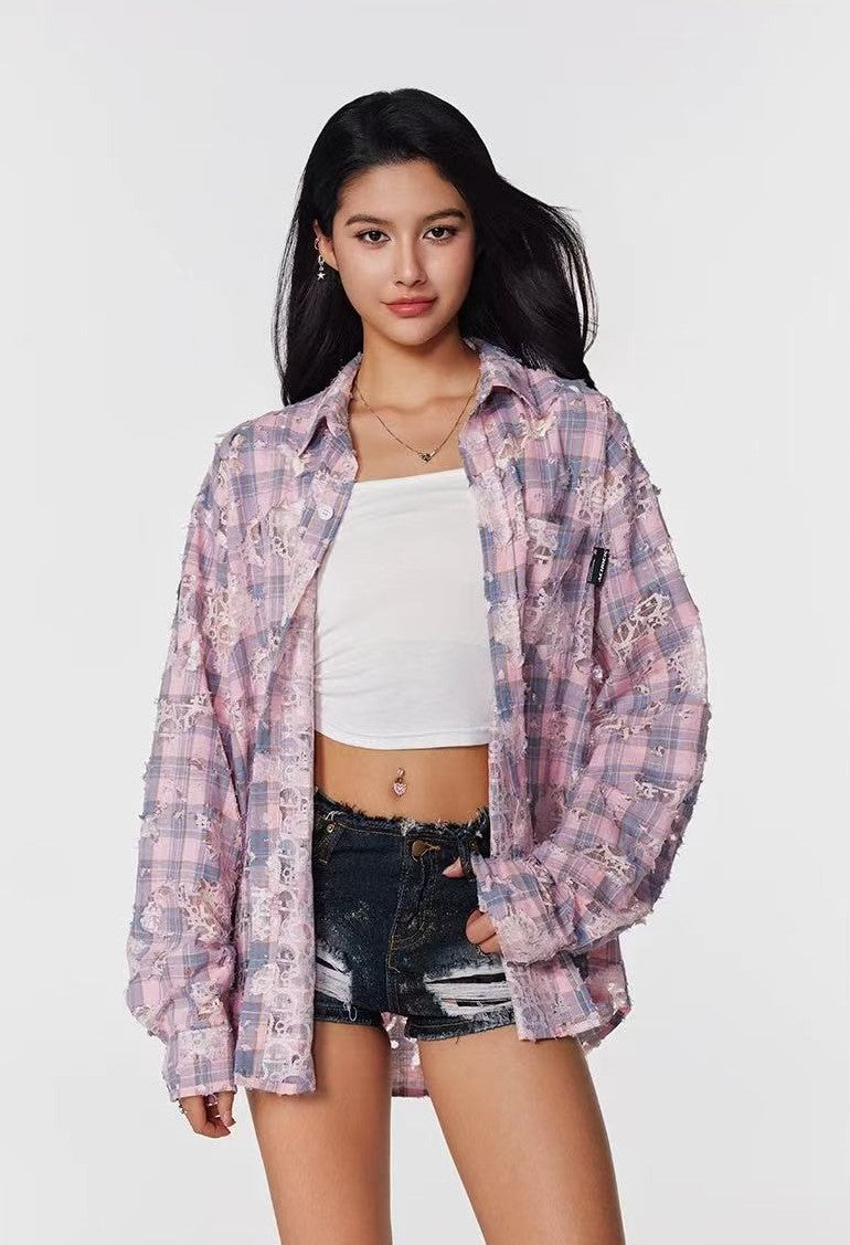 ACHOCK Lace Lapel Plaid Long-sleeve Shirt