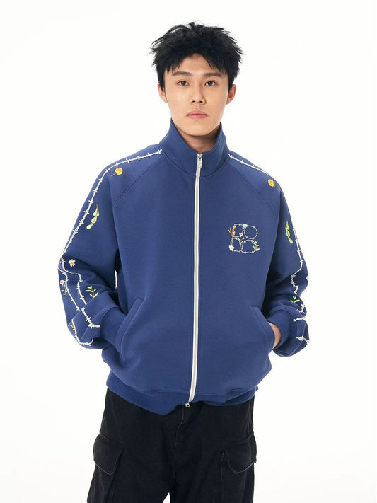 BIPOLAR Floral Embroidered Zipper Sweatshirt