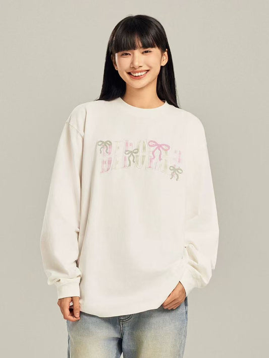 BIPOLAR Colorful Bow Plaid Patch Long-sleeved T-shirt