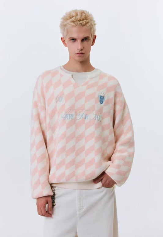 ATRY Sport Contrasting Diamond Plaid Small V-neck Sweater