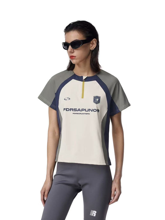 FDR Patchwork Zipper Short Sleeve T-shirt (For Women)