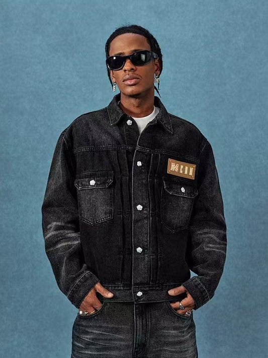 MEDM Leather Patch Distressed Washed Denim Jacket