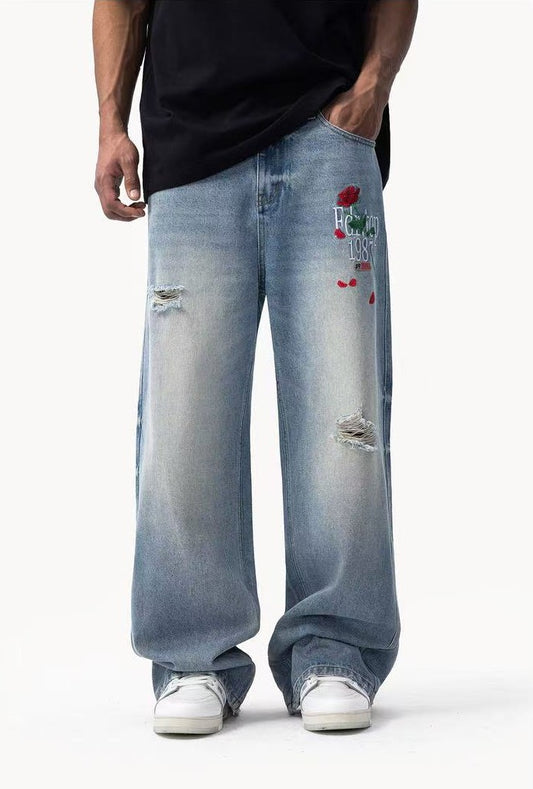 FDR Rose Embroidered Ripped Jeans