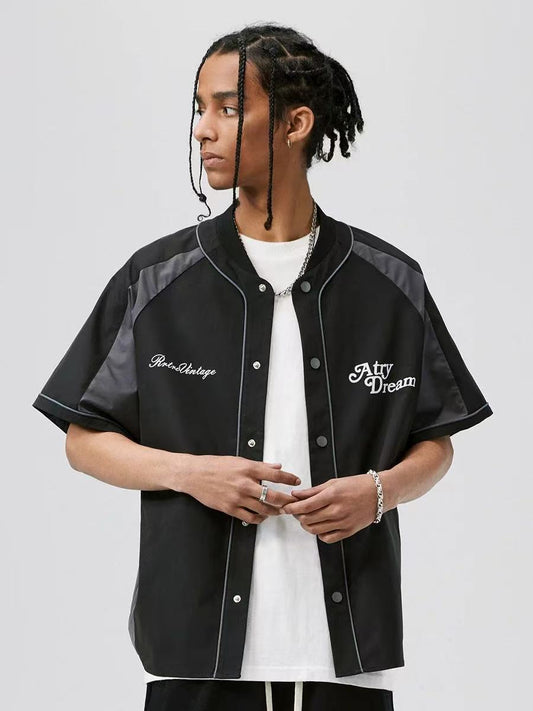 ATRY Raglan Patchwork Baseball Cardigan Short-sleeves T-shirt