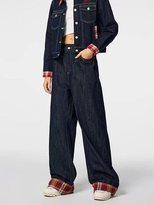 ACHOCK Plaid Patchwork Design Denim Jeans