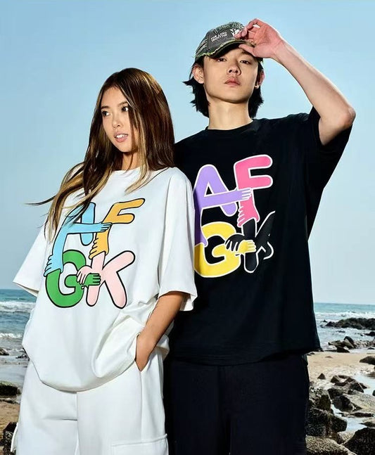 AFGK Holding Hands Fun Printed Short-sleeved T-shirt