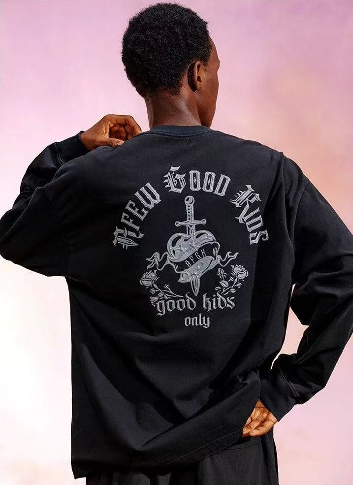 AFGK Sword and Rose Embroidery Washed Long-sleeved T-shirt