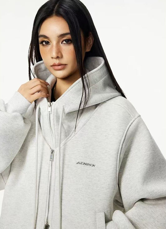 ACHOCK Double Zipper Air Layer Cardigan Hooded Jacket