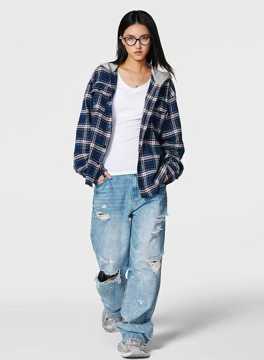 ACHOCK Contrast Blue Plaid Hooded Long-sleeve Shirt