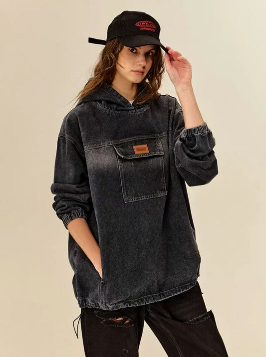 ICONSLAB Washed Denim Drawstring Split Hoodie
