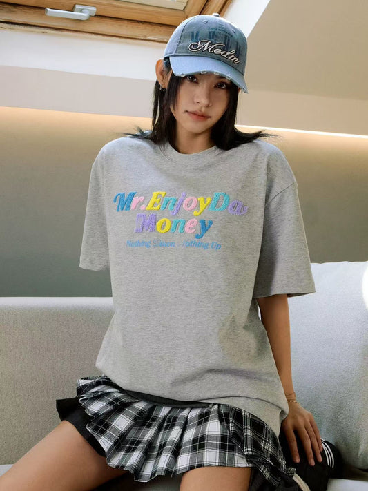 MEDM Macaron Color Letters Towel Embroidered Short Sleeve T-Shirt
