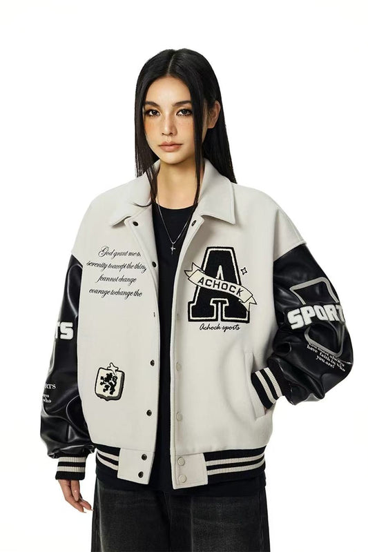 ACHOCK Embroidered Lapel Vintage Baseball Jacket