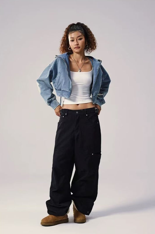 REMEDY Retro Distressed Washed Denim Backpack Hooded Jacket (For Women)