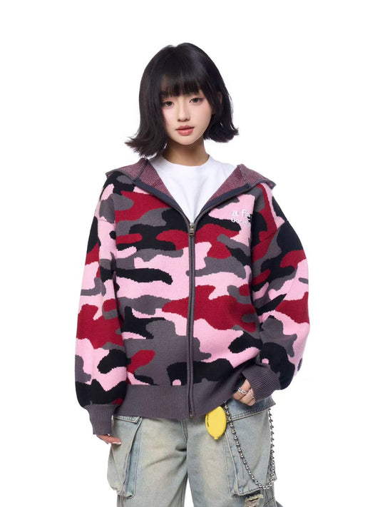AFGK Pink Camouflage Hooded Cardigan Sweater