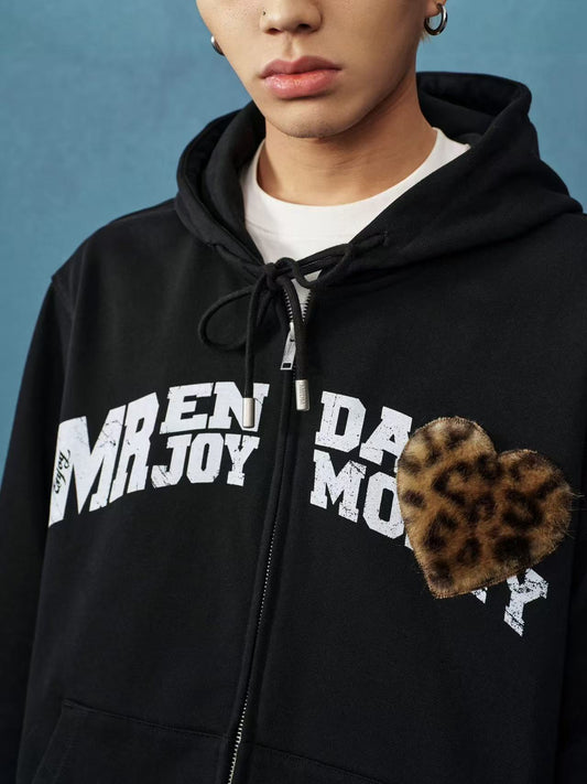 MEDM Distressed Font Heart Plush Leopard Print Zip Hoodie