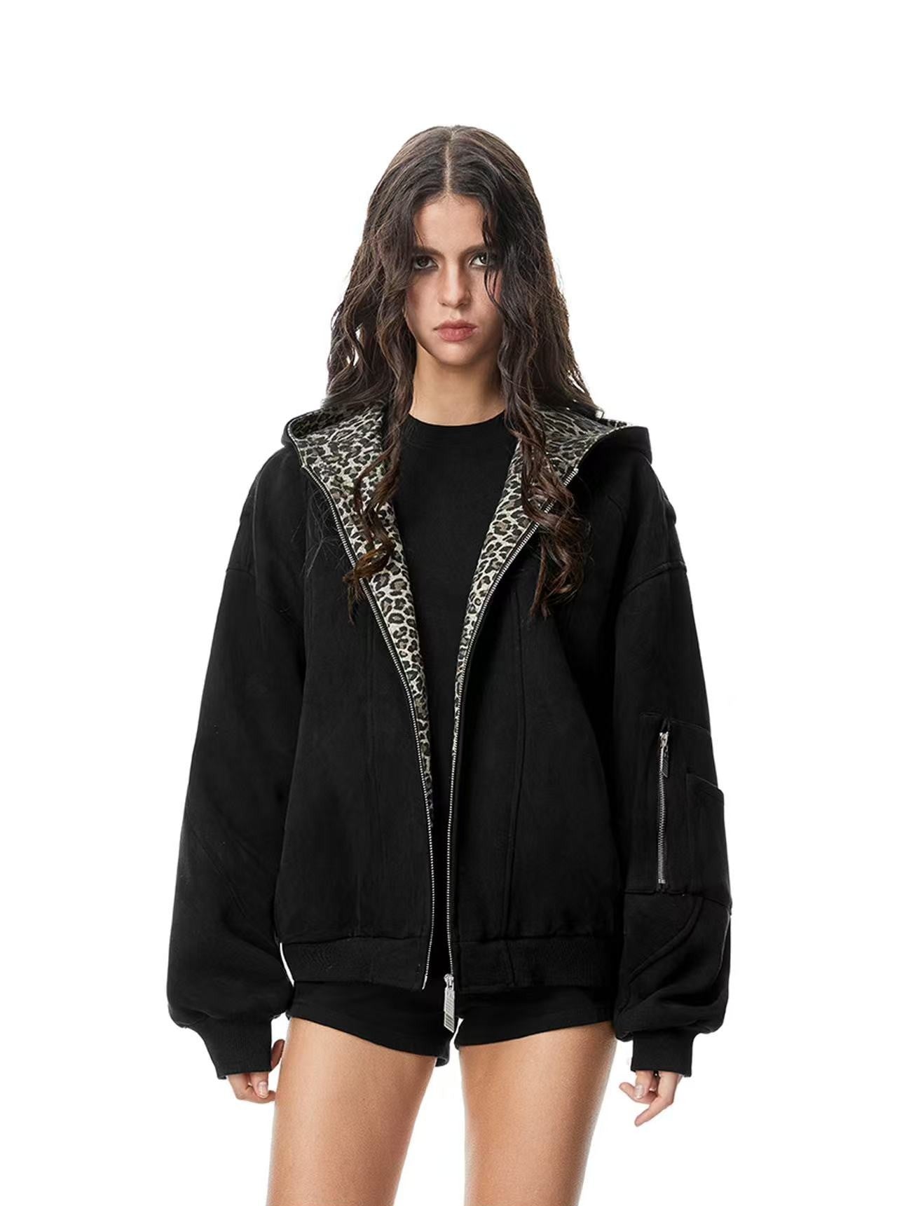 FDR Leopard Print Suede Hooded Jacket