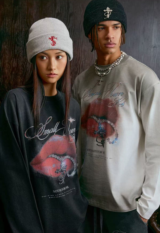 STK Vintage Dirty Wash Glitter Lip Long-Sleeve T-Shirt