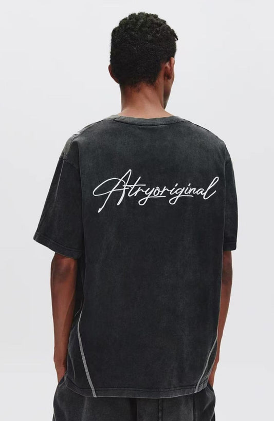 ATRY Washed Distressed Topstitch Embroidered T-shirt