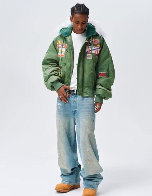 MEDM MA1 Down Jacket with License Plate Patch and Fur Collar Hood