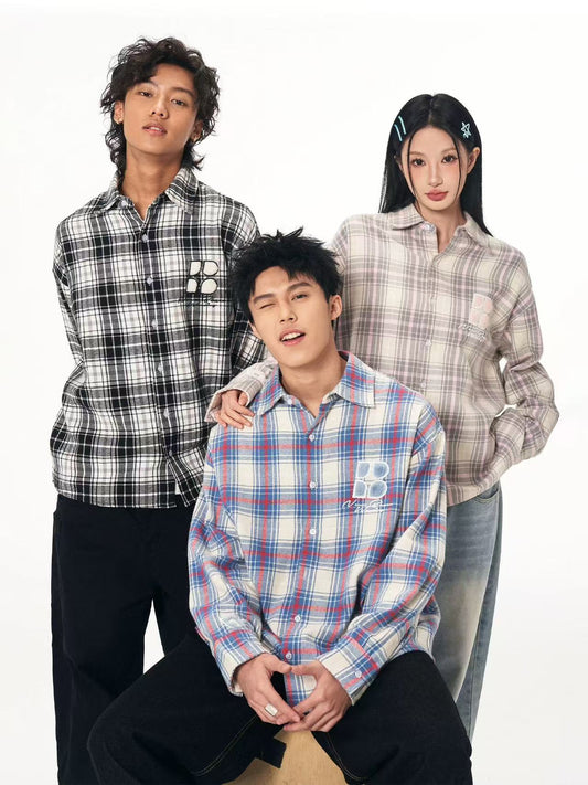 BIPOLAR Fleece patchwork Brushed Contrast plaid Tops