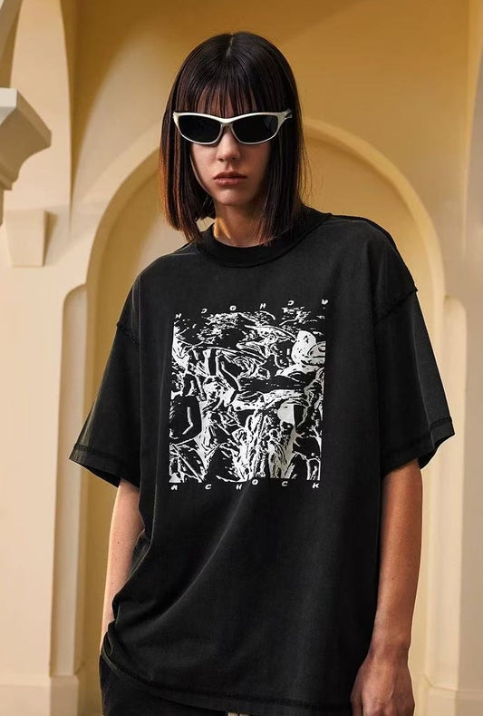 ACHOCK Washed Distressed Printed T-shirt