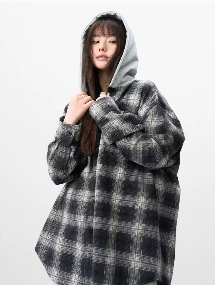 AFGK Vintage Plaid Hooded Long-sleeved Shirt