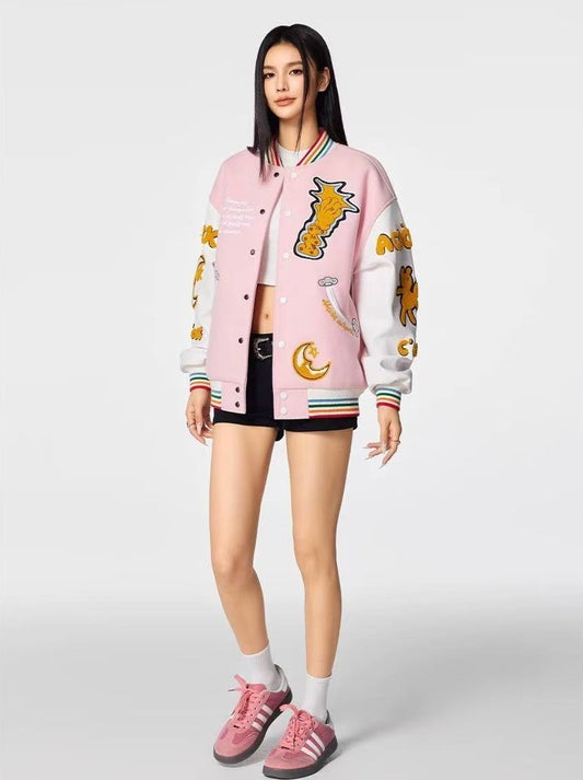 ACHOCK Crescent Bear Embroidered Baseball Jacket