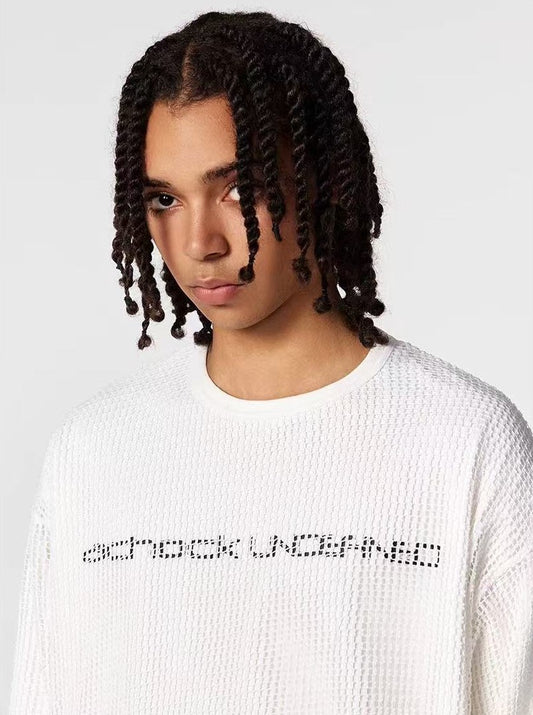 ACHOCK Fake Two-piece Heavy-duty Hollow Printed Long-sleeved T-shirt